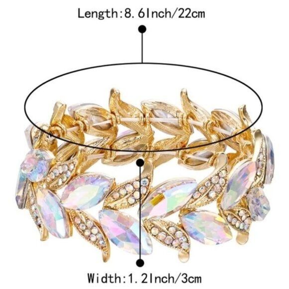 Yellow Gold and Iridescent AB Austrian Crystal Leaf Stetchable Bracelet Bangle